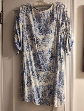 H&M Cream Midi Dress with Blue Toile Print